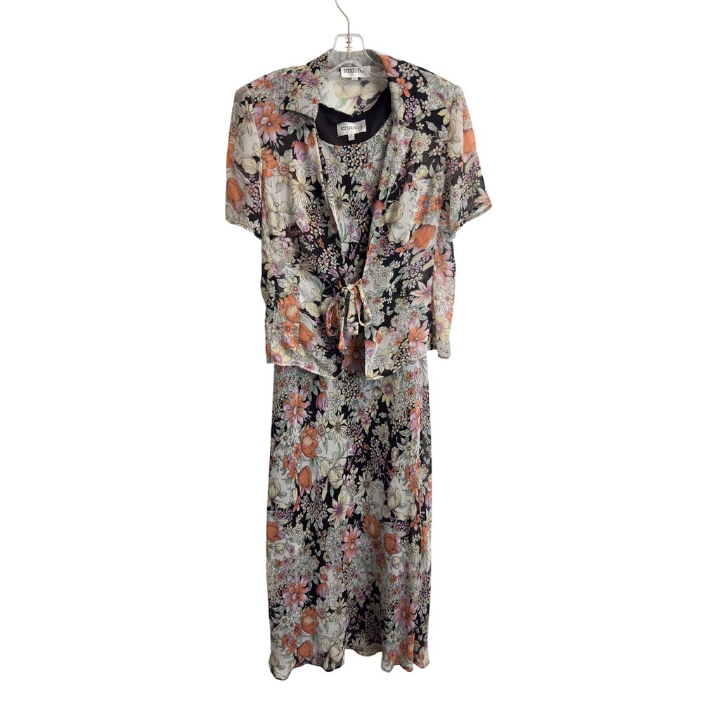 NEW Studio I Womens 10 Floral Maxi Dress Tie Front Cardigan 2 Pc Set Black Peach